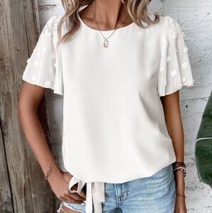 Swiss Dot Butterfly Sleeve Knot Hem Top